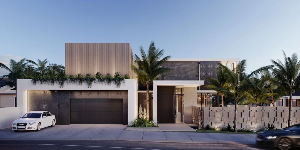 Modern luxury house with clean lines, palm trees, and a sleek white car parked outside.