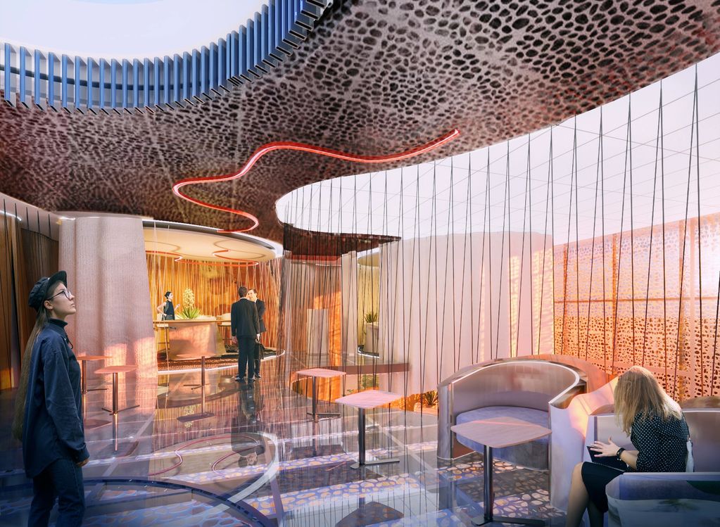 Modern interior with artistic ceiling and glass floor, featuring people in a stylish lounge.