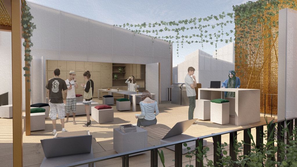 Modern outdoor workspace with people collaborating and relaxing under hanging vines.