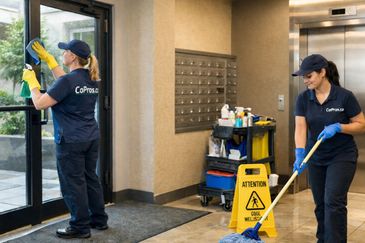 équipe de nettoyage de copropriétés dans une entrée font le nettoyage du plancher et des portes 