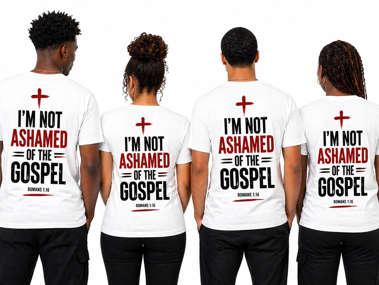 Four people wearing white T-shirts with a religious message about the gospel.