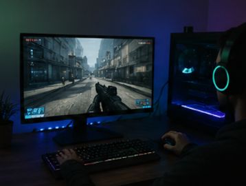 Persona jugando videojuego de disparos en PC.