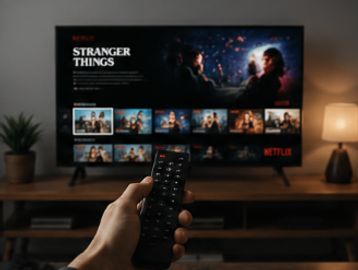 Persona usando control remoto para ver Stranger Things en Netflix.