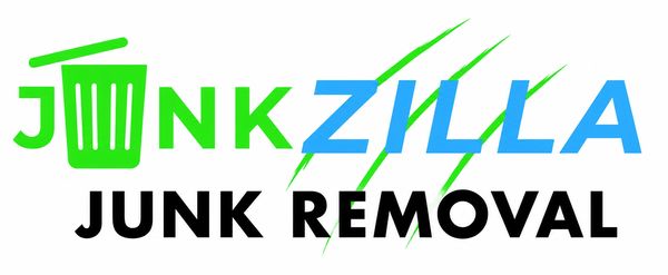 Logo for JunkZilla junk removal service with green trash can and claw marks.
