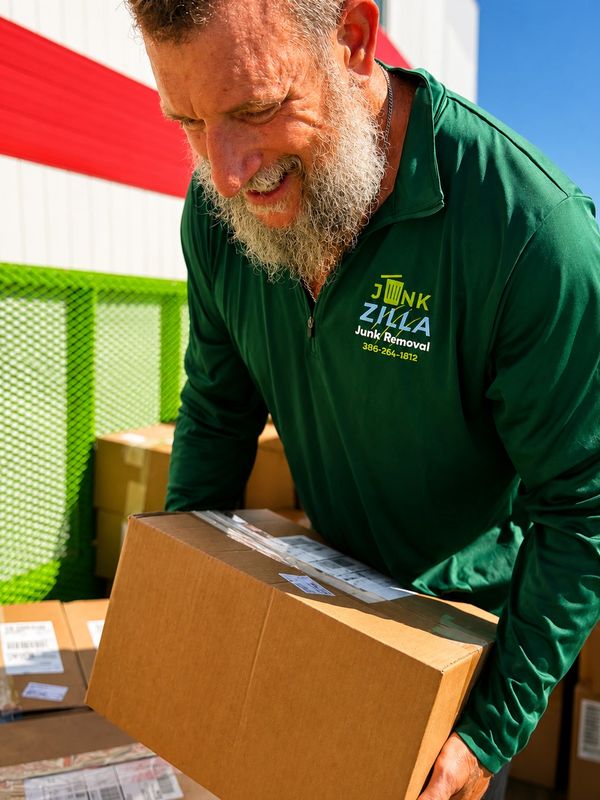 Junk Zilla loading boxes of old laptops for relocation from a Palm Coast school to a storage unit.