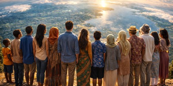 A diverse group watches a sunrise over Earth from a high viewpoint.