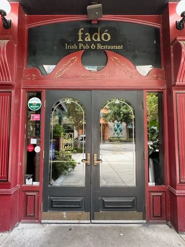 Fado Irish pub black doors with red trim in the heart of Buckhead Atlanta