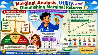 Infographic explaining marginal analysis, utility, and diminishing marginal returns with examples and tips.
