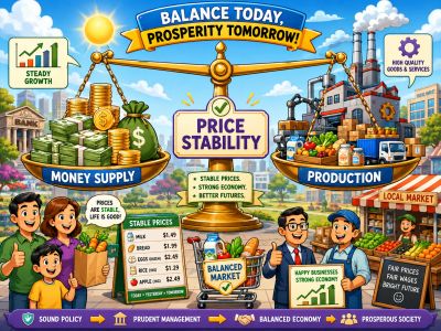 Illustration showing balanced economy with stable prices, money supply, and production for prosperity.