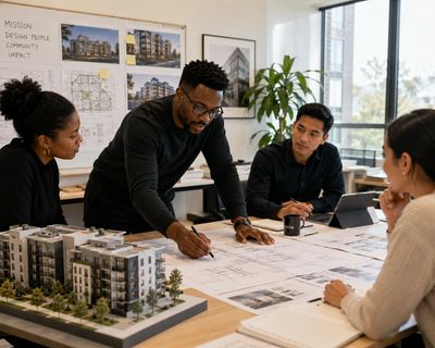 Architects collaborating over building plans and a scale model in a modern office.