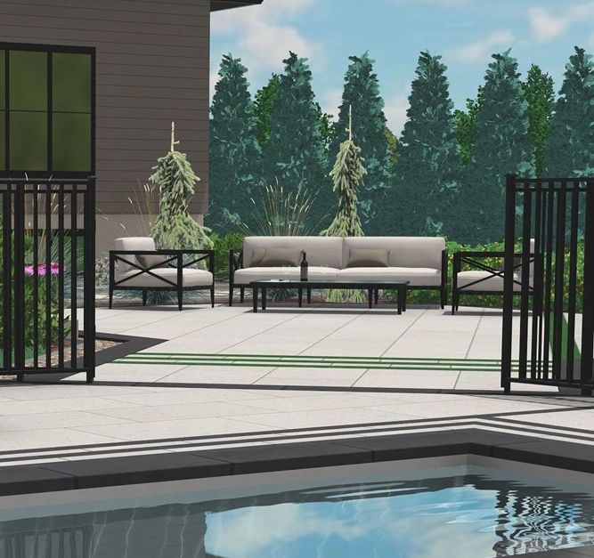 Rendu 3D de conception d'aménagement paysager moderne avec piscine intégrée, terrasse en dalles.