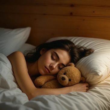 A woman sleeping with a teddy bear.