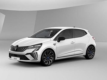 White Renault Clio hatchback with sleek design in a studio.