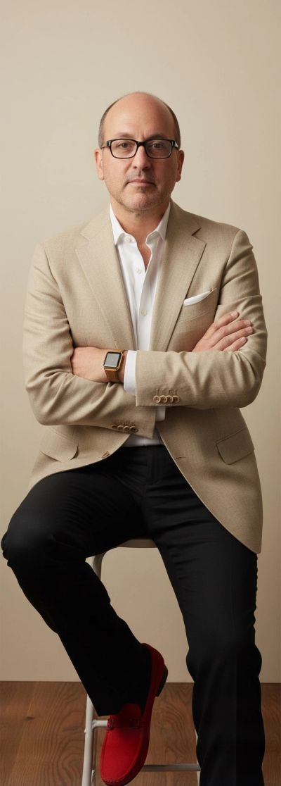 Man in beige blazer, white shirt, black pants, and red shoes sitting with arms crossed.