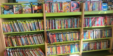 Bookshelves filled with a wide variety of fiction books in a brightly lit library.