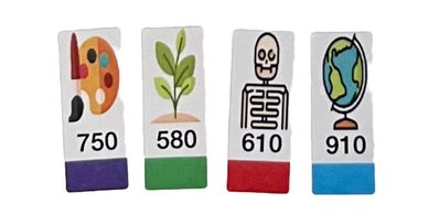 Four tiles with icons and numbers showing art, plant, skeleton, and globe.