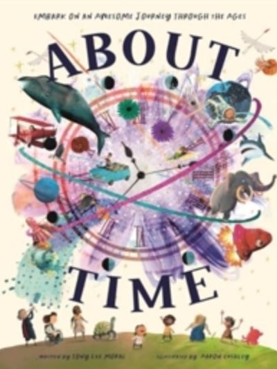 Illustrated book cover titled 'About Time' showing a clock and historical elements.