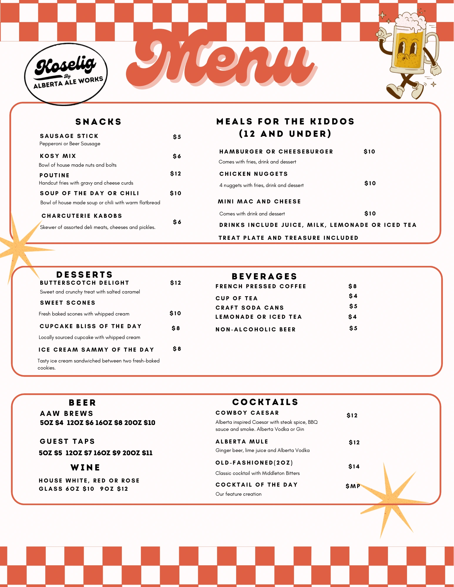 Koselig menu featuring snacks, kids' meals, desserts, beverages, beer, wine, and cocktails with prices.