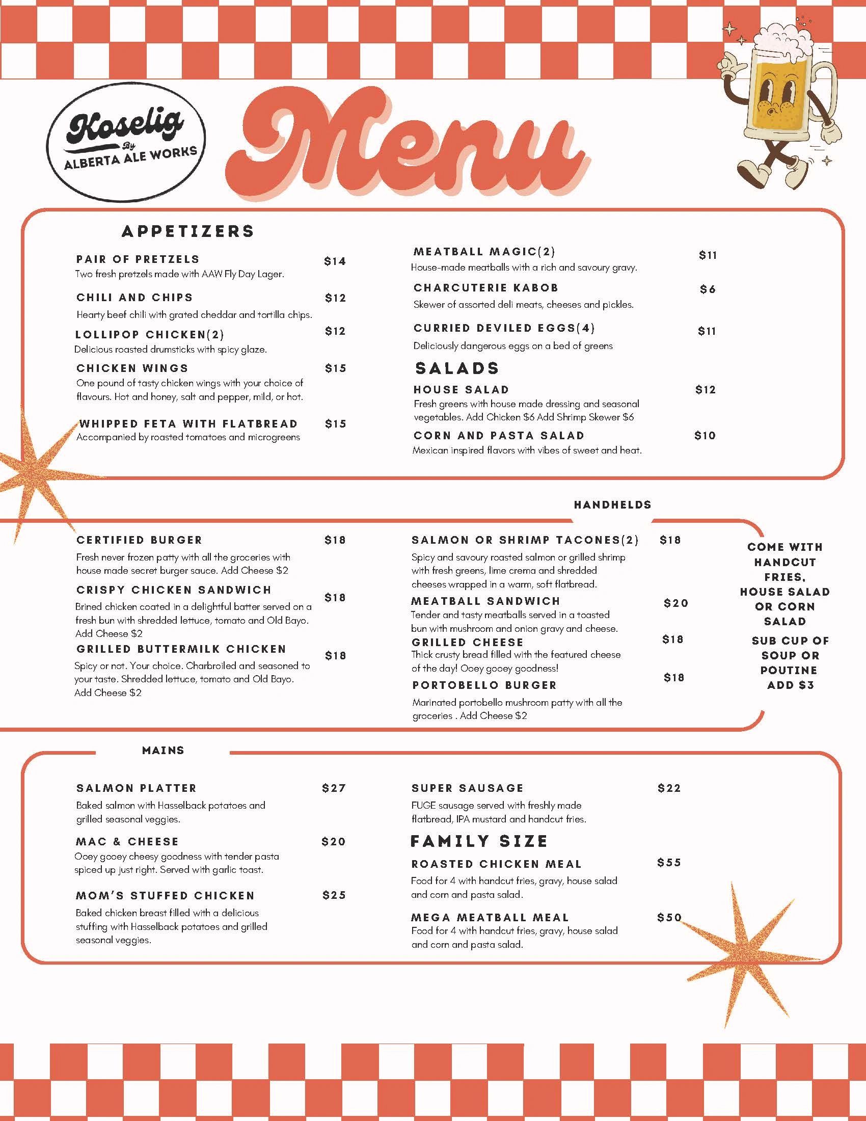 Menu featuring appetizers, salads, handhelds, and mains with prices and descriptions.