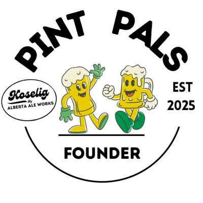 Logo with two cheerful beer mugs and text 'Pint Pals Founder EST 2025'.