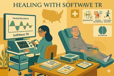 A therapist uses SoftWave TR for healing an elderly man's knee pain.