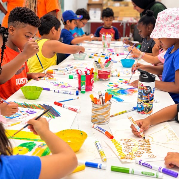 Kids painting and drawing at a long table.