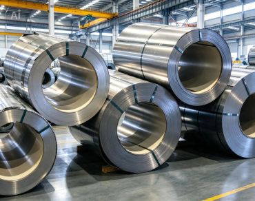 Coiled metal sheets stacked in a factory.