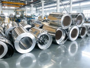 Shiny metal rolls stacked in a warehouse.