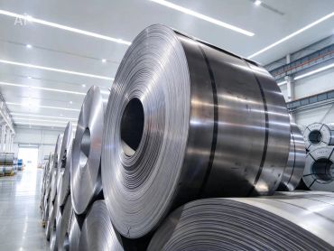 Large steel coils stacked in a factory.