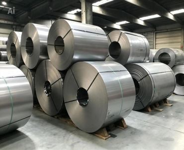 Metal coils stacked in a warehouse.