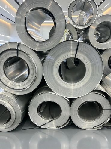 Rolled steel sheets stacked in a warehouse.