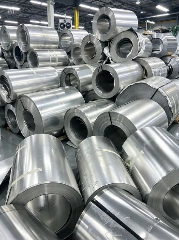 Metal coils stacked in a warehouse.