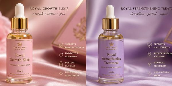 Two Royalty of Phoenix nail care elixirs for growth and strengthening.