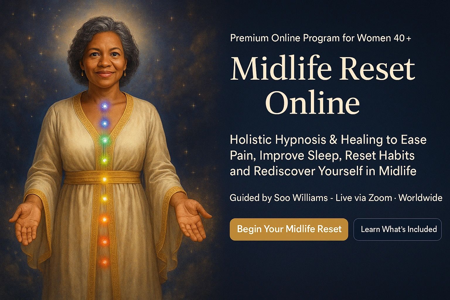 “Avalyn, a calm, open-eyed midlife woman in a flowing cream and gold gown.