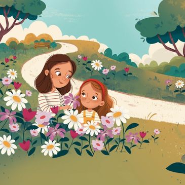 A mother and daughter enjoying flowers in a sunny garden.