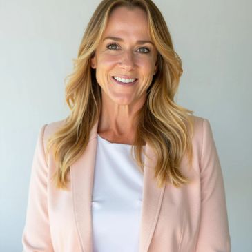 Smiling woman in a light pink blazer and white top against a plain background.