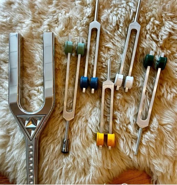 Various metal tuning forks with colored attachments on a textured surface.