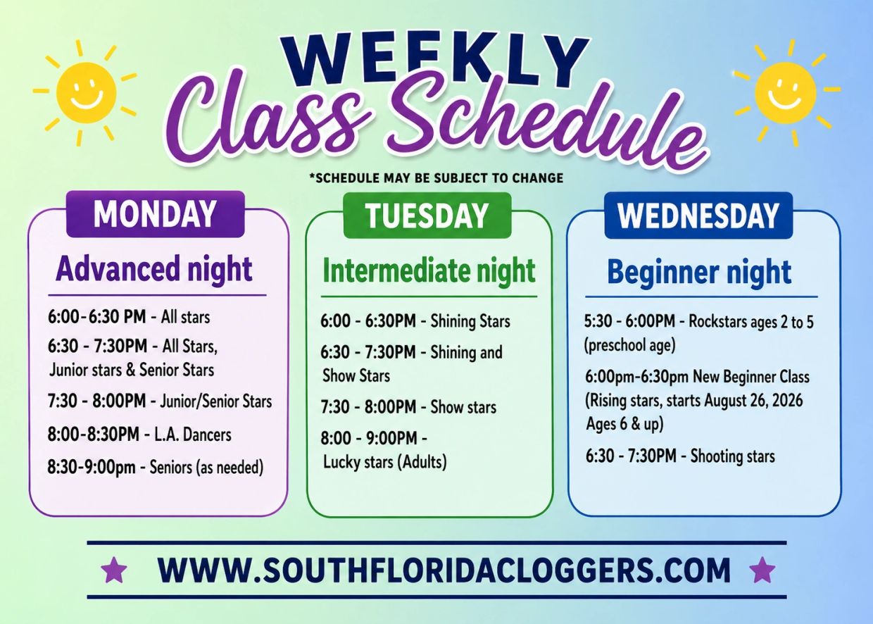 Weekly class schedule for Advanced, Intermediate, and Beginner nights.