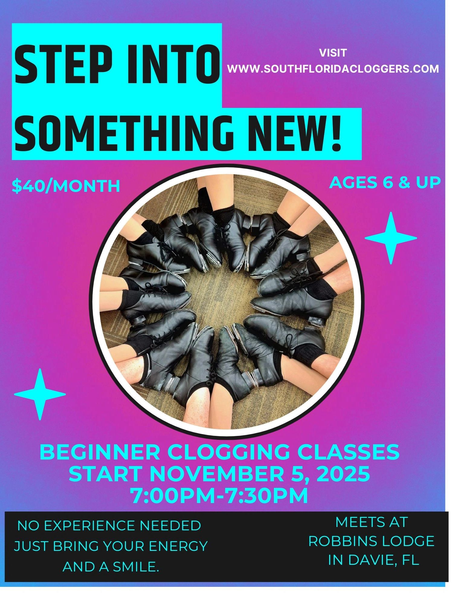 New beginner clogging dance classes will start on November 5, 2025 from 7-7:30pm at Robbins Lodge
