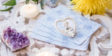 Four Angel cards, Candles, and Flowers 