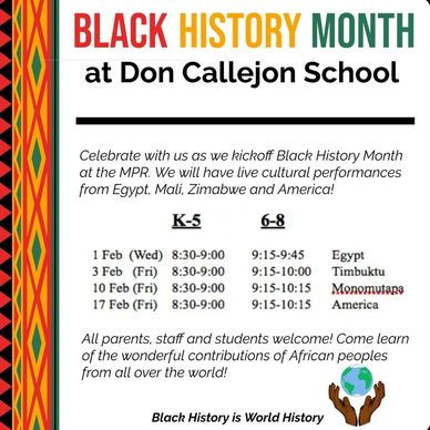 Flyer announcing Black History Month events at Don Callejon School with cultural performances from African and American regions.