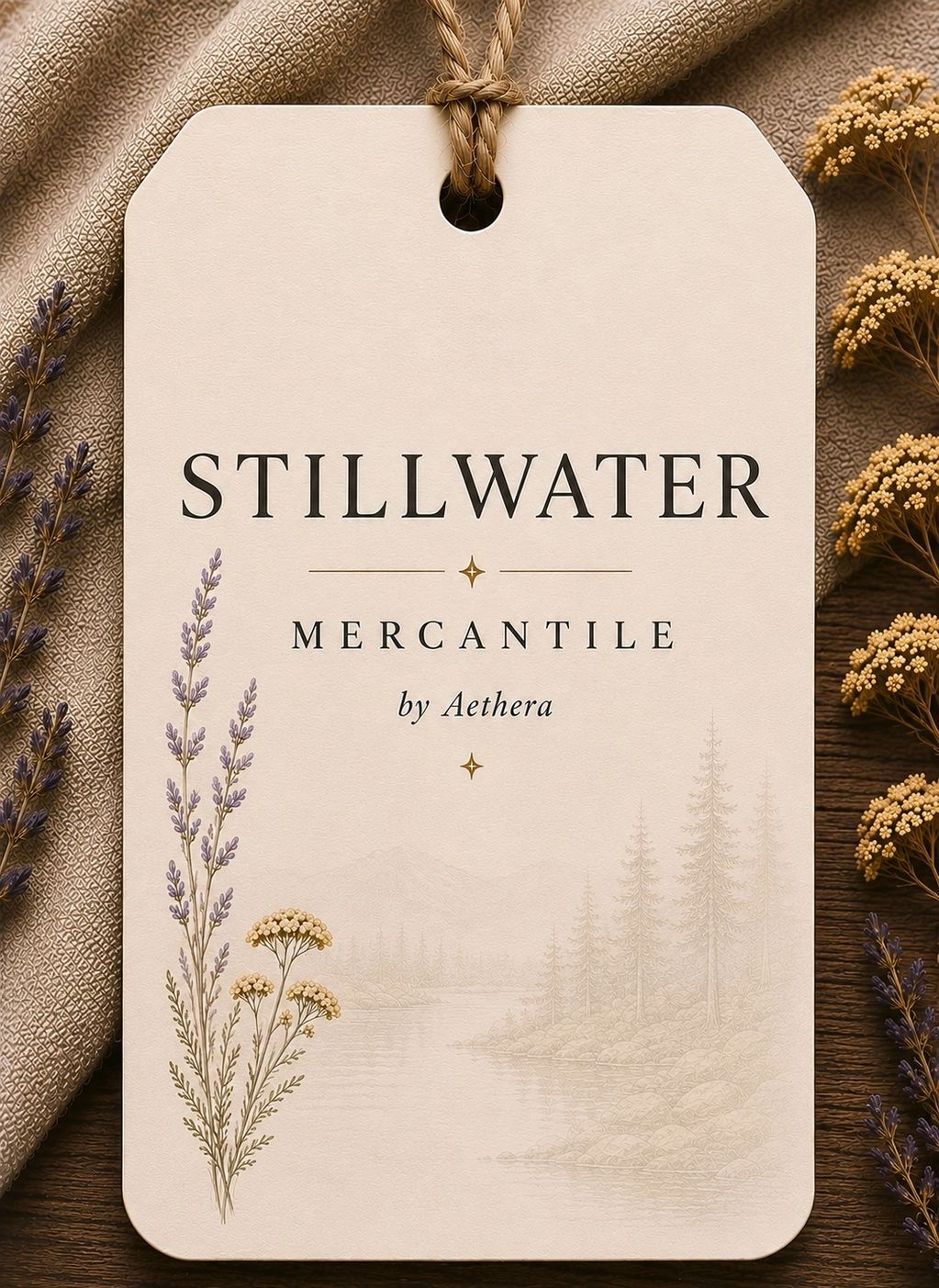 Elegant Stillwater Mercantile tag with floral and nature illustrations.