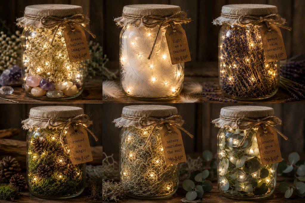 Six decorative jars with lights and inspiring tags, each filled with natural elements.