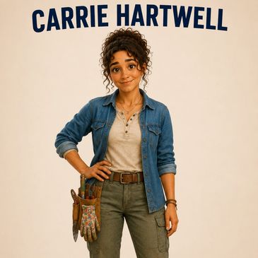 Carrie Hartwell posing confidently with gardening gloves and tools.
