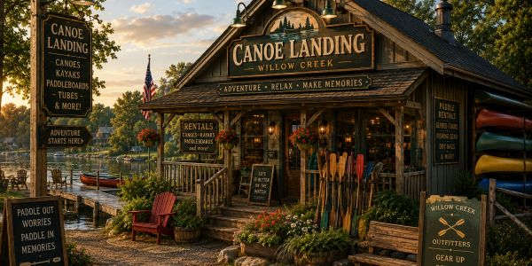 Rustic canoe rental shop by a lakeside at sunset.