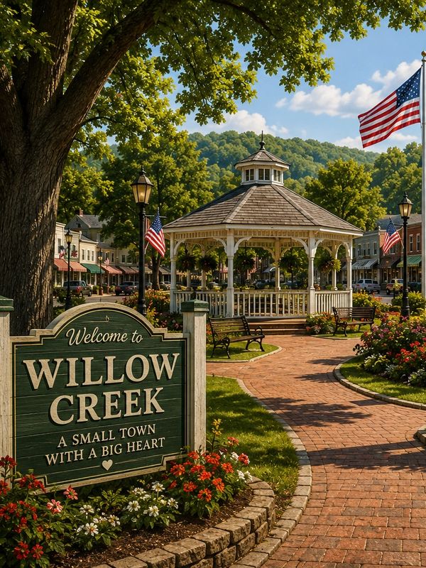 Welcome sign and gazebo in quaint small town.