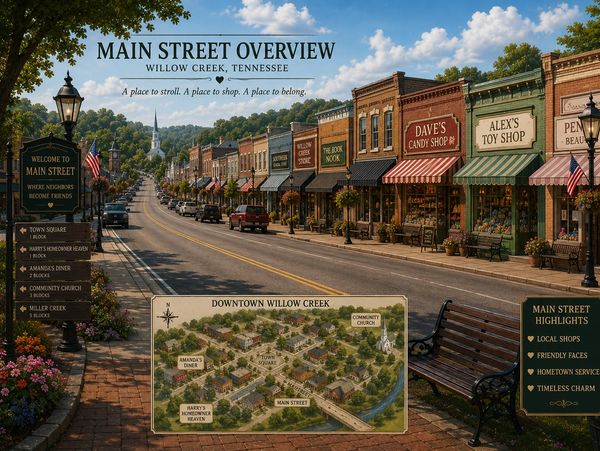 Main street overview of Willow Creek with charming shops and a community map.