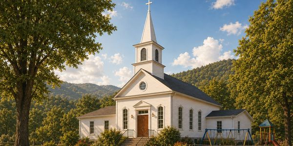 White church with steeple surrounded by trees and hills.