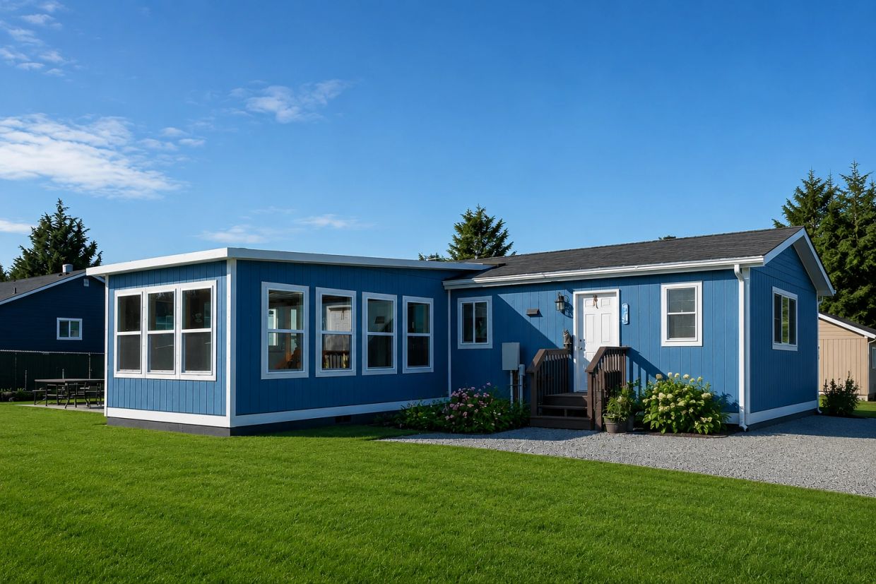 Blue house with white trim on a sunny day.