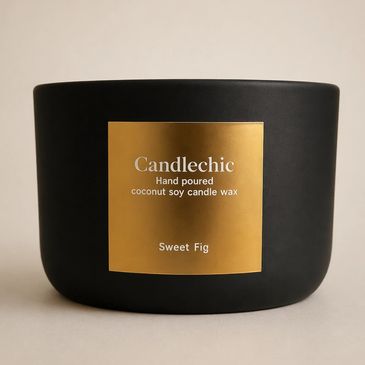 Black Candlechic candle with gold label, Sweet Fig scent.